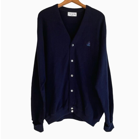 Vintage Izod Mens Button Up Cardigan Sweater Size XXL Crest Grandpa Preppy Blue - Picture 1 of 12